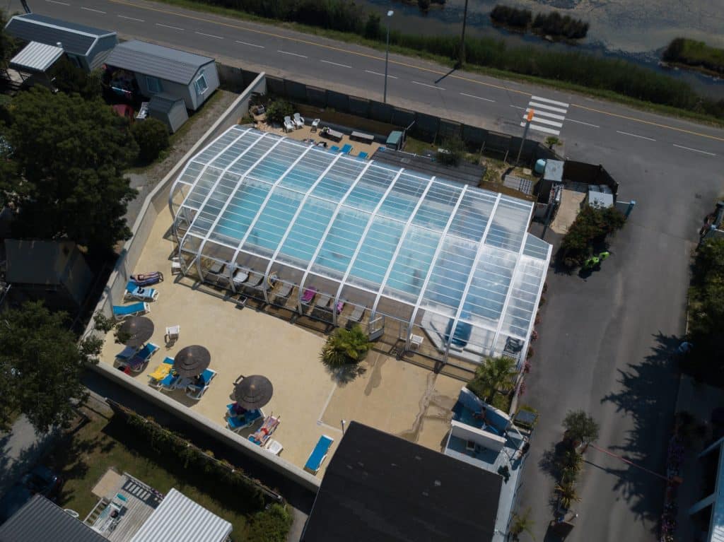 Aerial view of the aquatic area at the Au Soir d'Été campsite in Mesquer, Loire-Atlantique